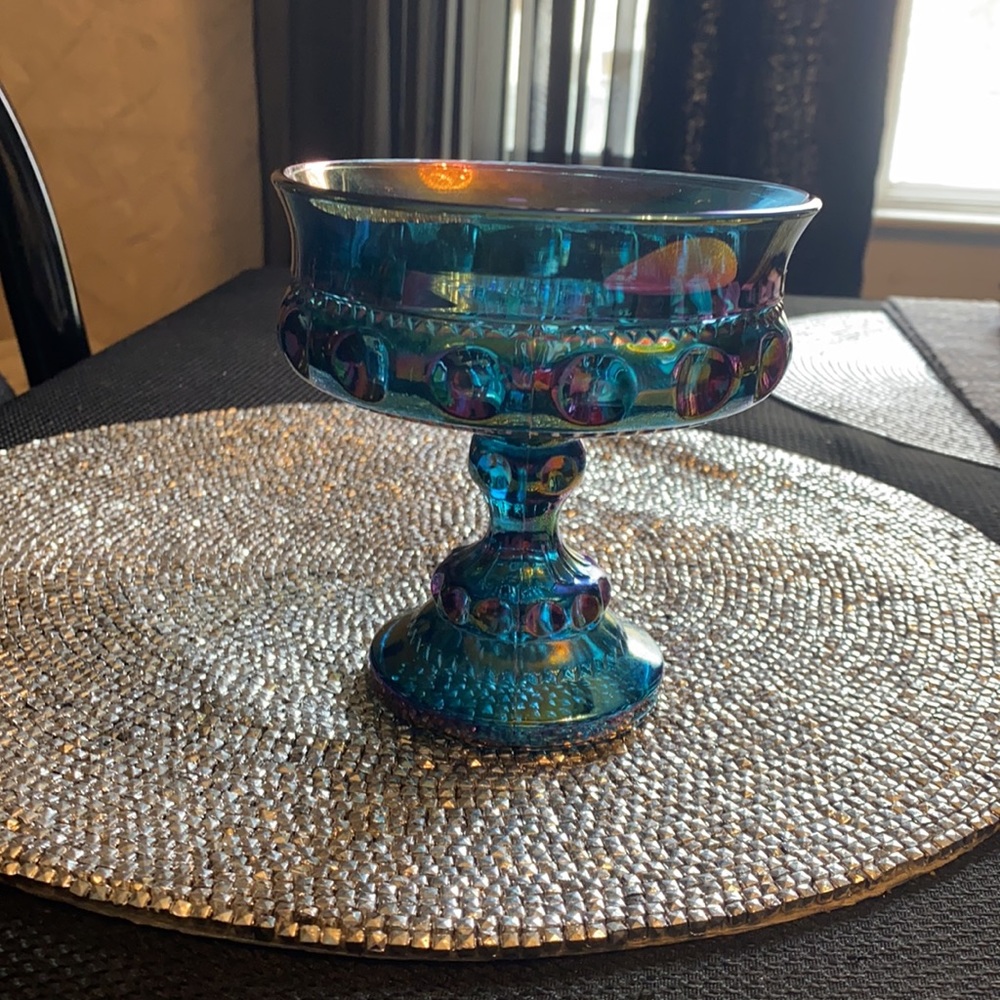 Large Blue Iridescent Carnival Compote Glass